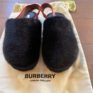 Burberry Black Fur Slip-On Shoes